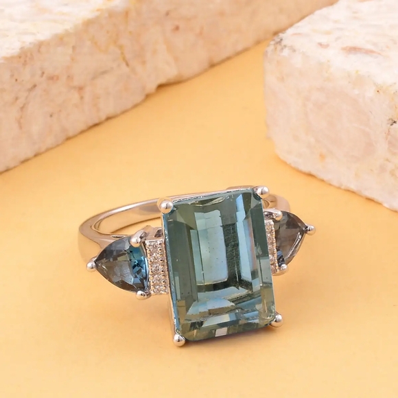 Rare Dean Teal Fluorite  and Multi Gemstone Ring in Rhodium Over Sterling Silver - Picture 6 of 8